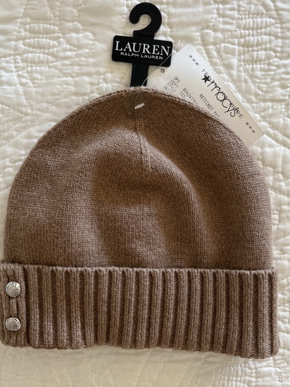 Lauren Ralph Lauren Camel Heather Knit Button Beanie Hat OS